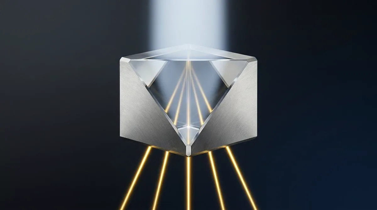 A symmetrical, minimalist photographic composition featuring a titanium optical prism that precisely focuses scattered light into perfectly arranged golden points, symbolizing generated B2B leads.