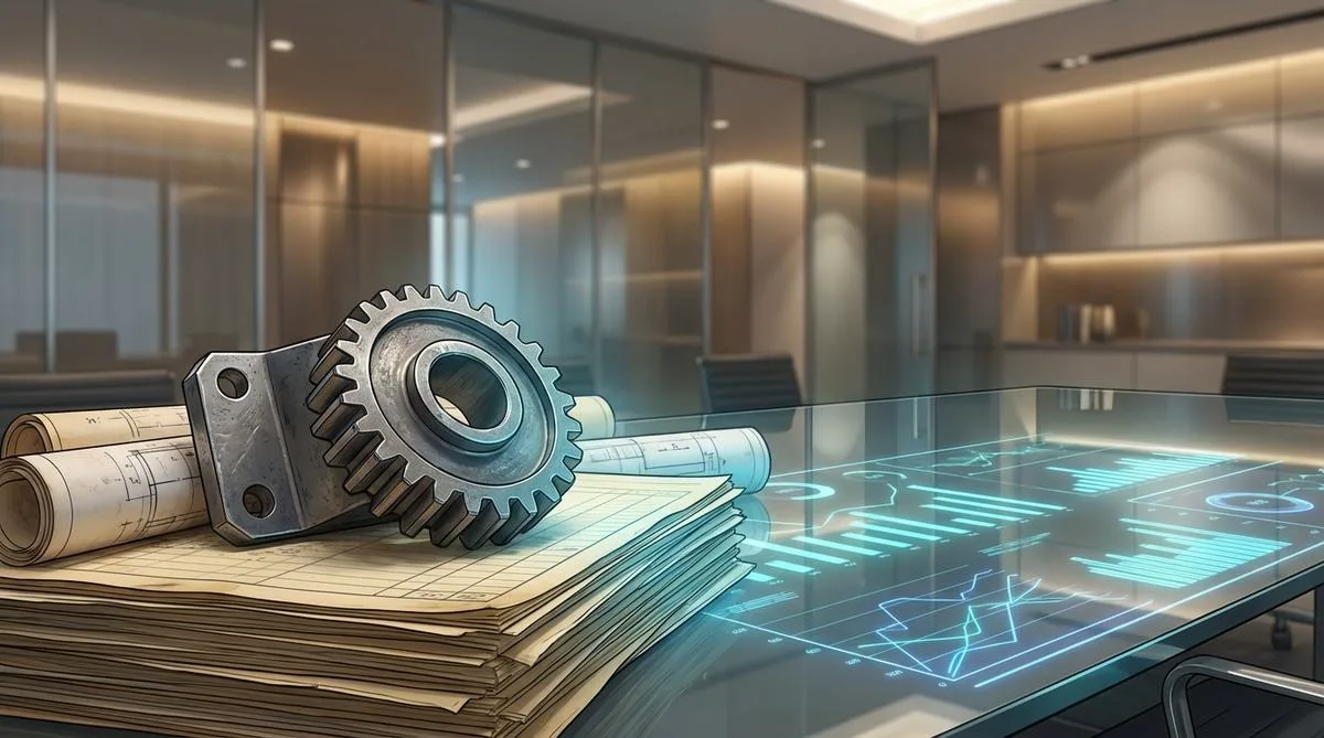 A heavy industrial steel component and paper documents on a table, illuminated by the blue glow of digital data against the backdrop of a modern, blurred office.