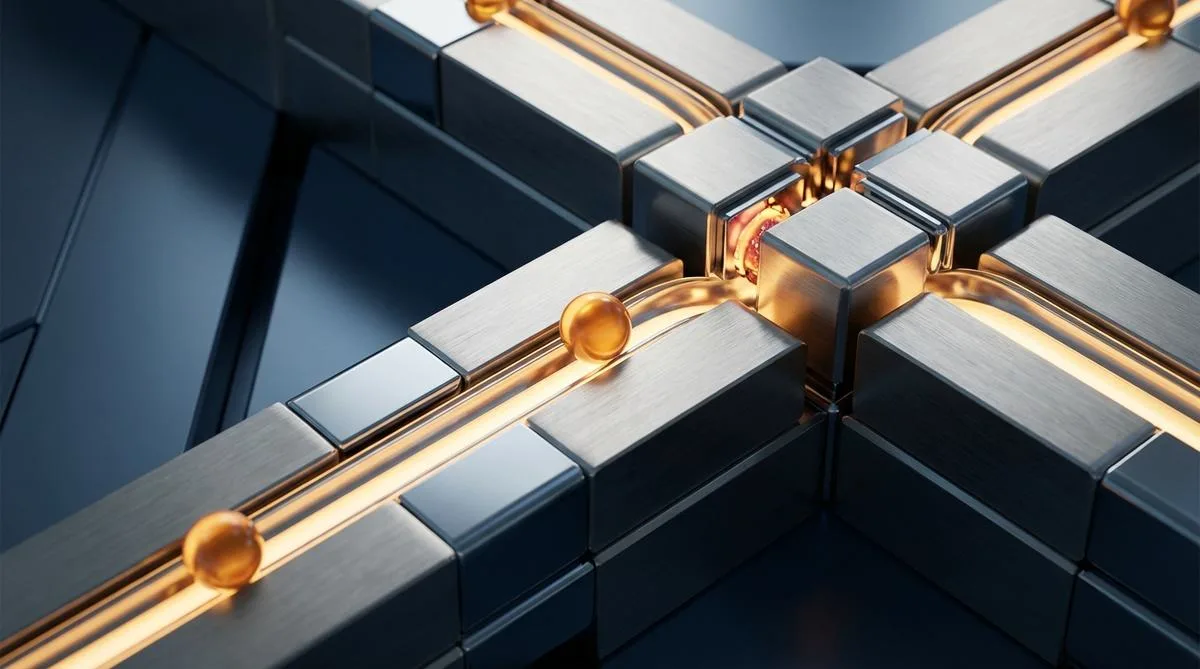 An abstract, photographic representation of composable business architecture as metallic modules with luminous spheres symbolizing autonomous AI agents.