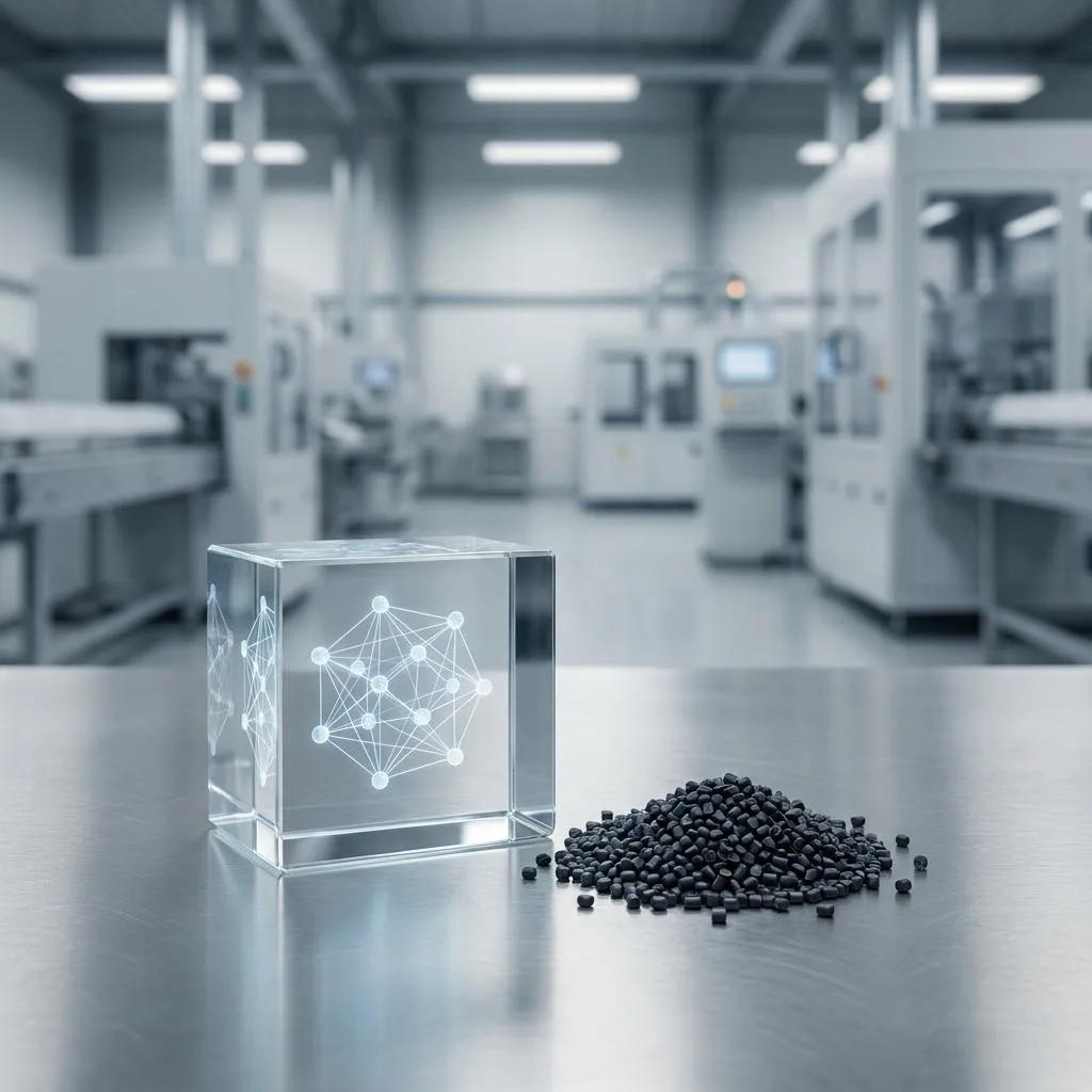 A minimalist photograph of a glass block with an engraved blockchain node network against a backdrop of brushed steel and recycled granulate, symbolizing the Digital Product Passport in ERP systems.