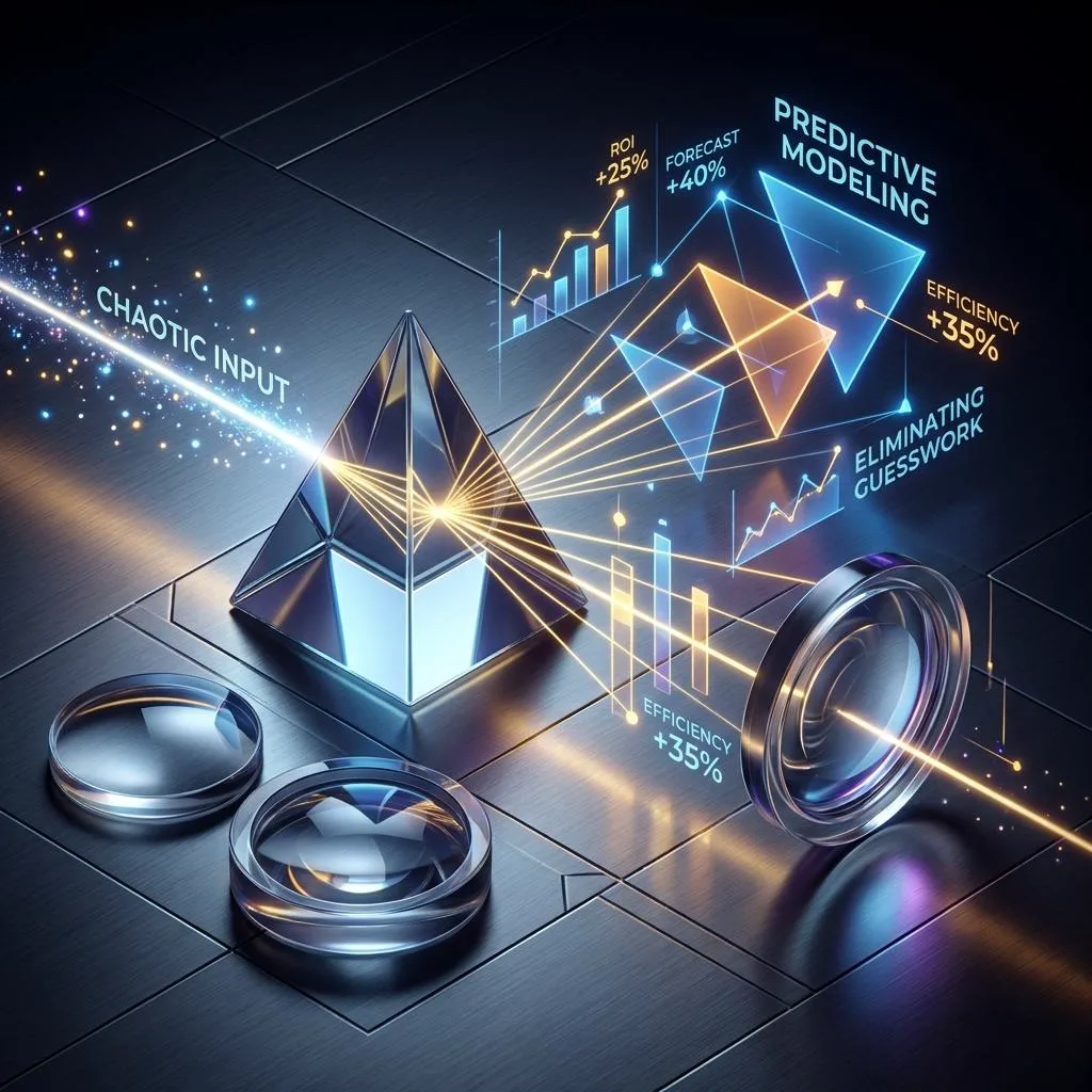 A photographic composition of a glass prism on dark titanium, refracting light into precise geometric charts and metrics, symbolizing the algorithmic forecasting of B2B campaign results.
