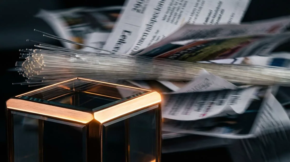 Macro photograph showing motion-blurred, chaotic streams of documents, from which a sharp, precise copper structure emerges in the foreground, symbolizing profit.