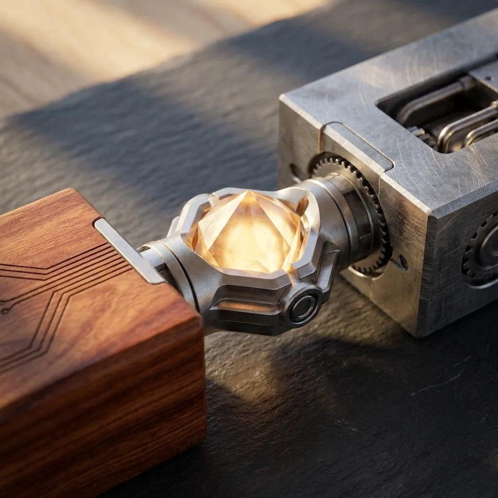 Macro photograph of a symmetrical mechanism joining fine wood and raw steel through a luminous core, symbolizing the integration of office-based planning with CNC manufacturing through AI.