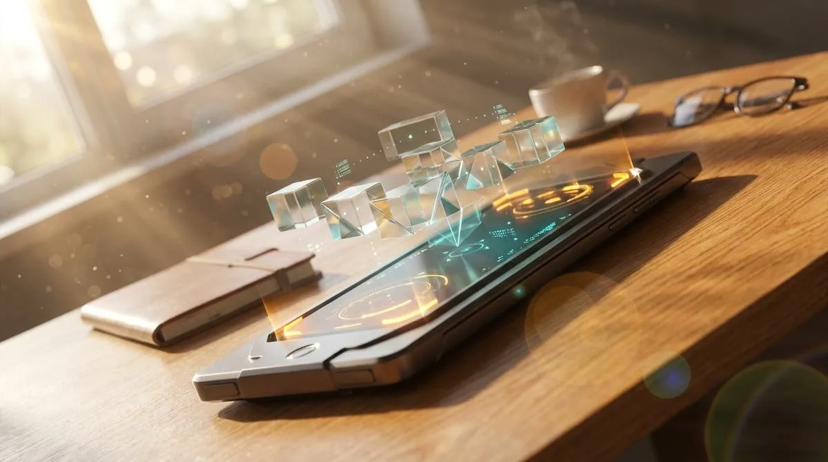 An abstract, dynamic composition depicting glowing geometric holograms above an oak desk in warm sunlight, symbolizing the algorithmic optimization of advertising.