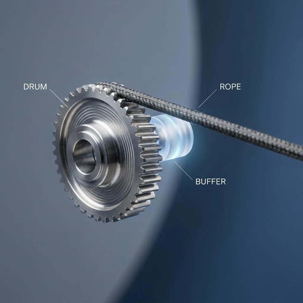 Macro photograph of a precision mechanism featuring a titanium gear, a taut carbon fiber cable, and a polymer damper, symbolizing the operation of the Drum-Buffer-Rope algorithm.