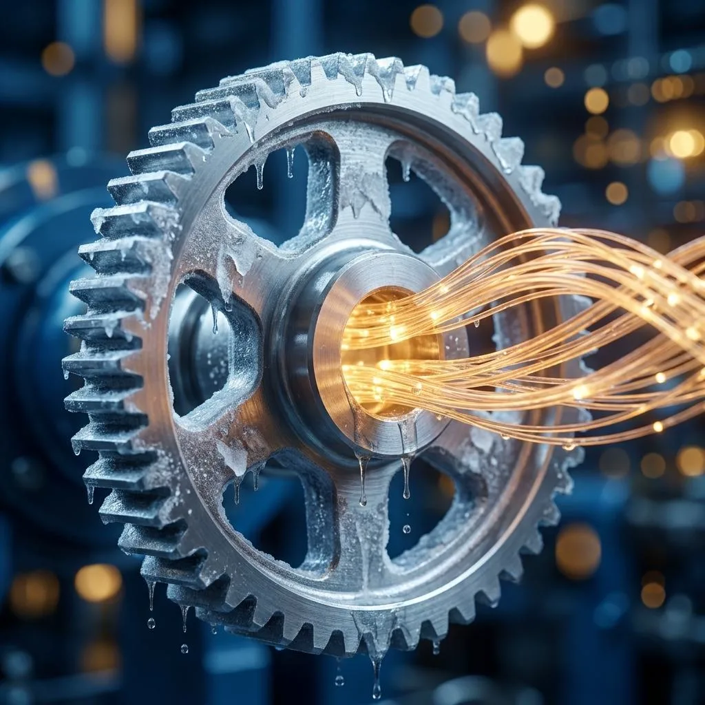 A photograph of a heavy steel gear covered in melting ice, through which luminous golden fiber-optic cables penetrate, symbolizing system integration and financial liquidity in industry.