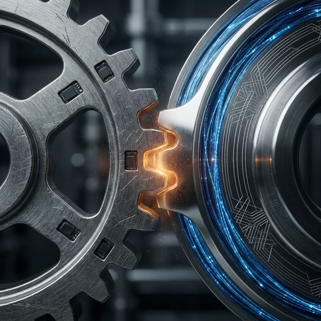 Macro photograph of two perfectly interlocking mechanisms — one raw steel, the other modern titanium with fiber optics — symbolizing the integration of MES and APS systems.