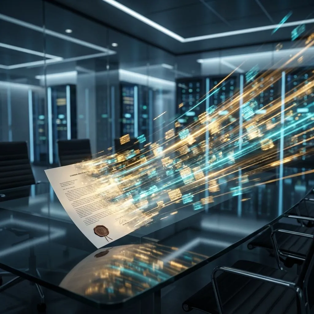 An abstract photograph depicting paper documents rapidly transforming into a luminous stream of digital data against the backdrop of a modern corporate space.