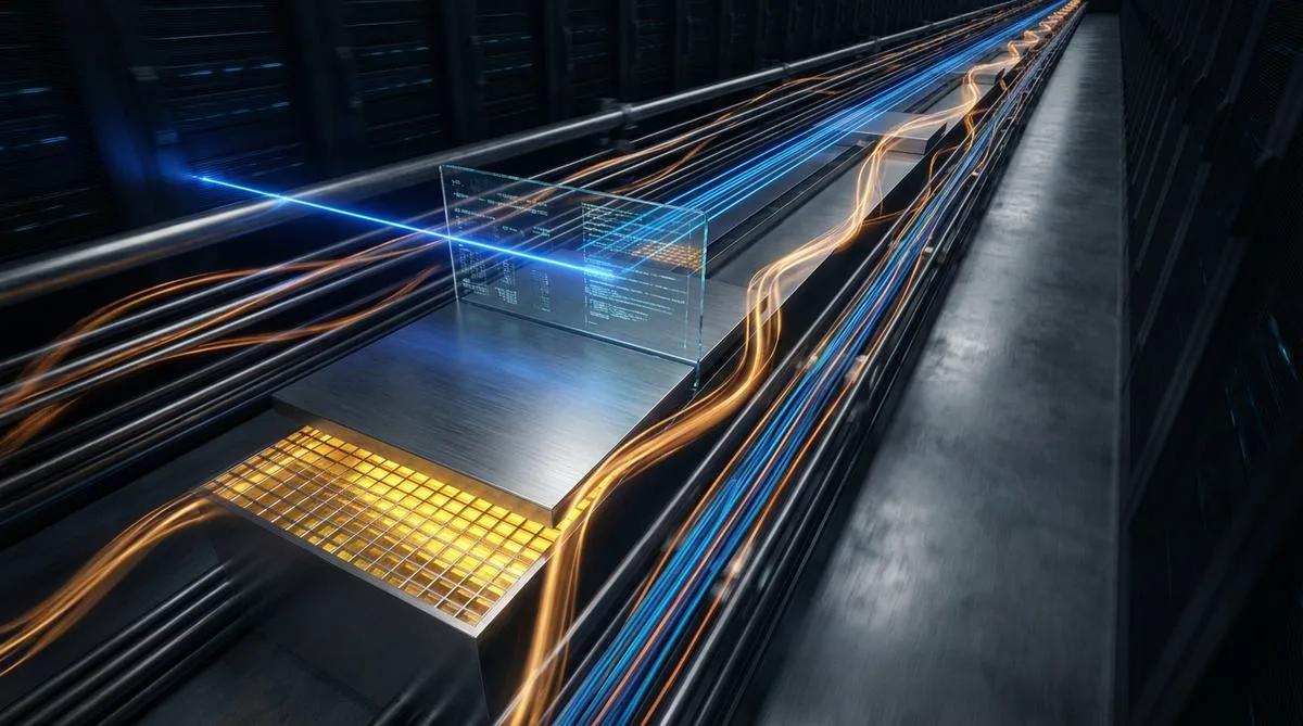 An abstract, photorealistic representation of IT architecture. Glowing fiber-optic cables, ordered grids, and dynamic streaks of light cut across dark metallic structures, symbolizing the collaboration of IDP, iBPMS, and AI agent technologies.