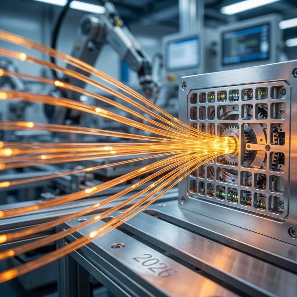 A dynamic photograph of luminous fiber-optic lines penetrating a metallic matrix, symbolizing the seamless integration of sales data with the production schedule.