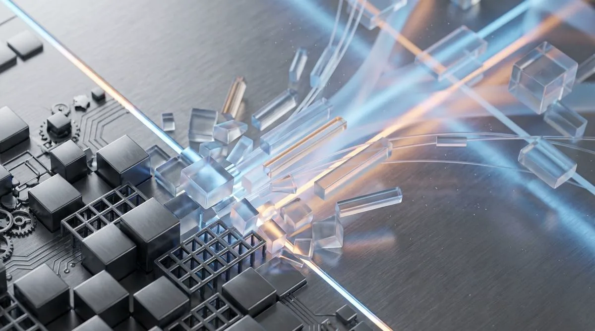 A macro technology photograph with a diagonal composition, where rigid metal blocks transition smoothly into a gleaming, geometric path of light and glass.