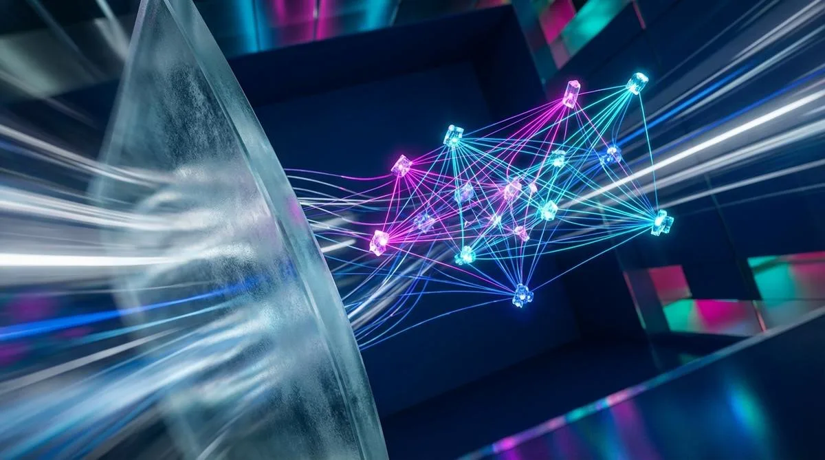 A dynamic, diagonal photograph depicting a glass archive structure smoothly transforming into a luminous, vibrant network of knowledge graphs and data nodes with a motion-blur effect.