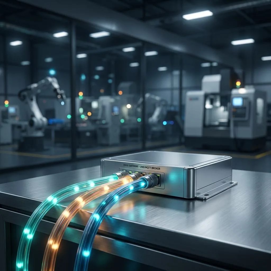 A wide-angle shot of a modern edge node connecting glowing fiber-optic cables against a blurred manufacturing plant backdrop, symbolizing UNS architecture and MES-ERP integration.
