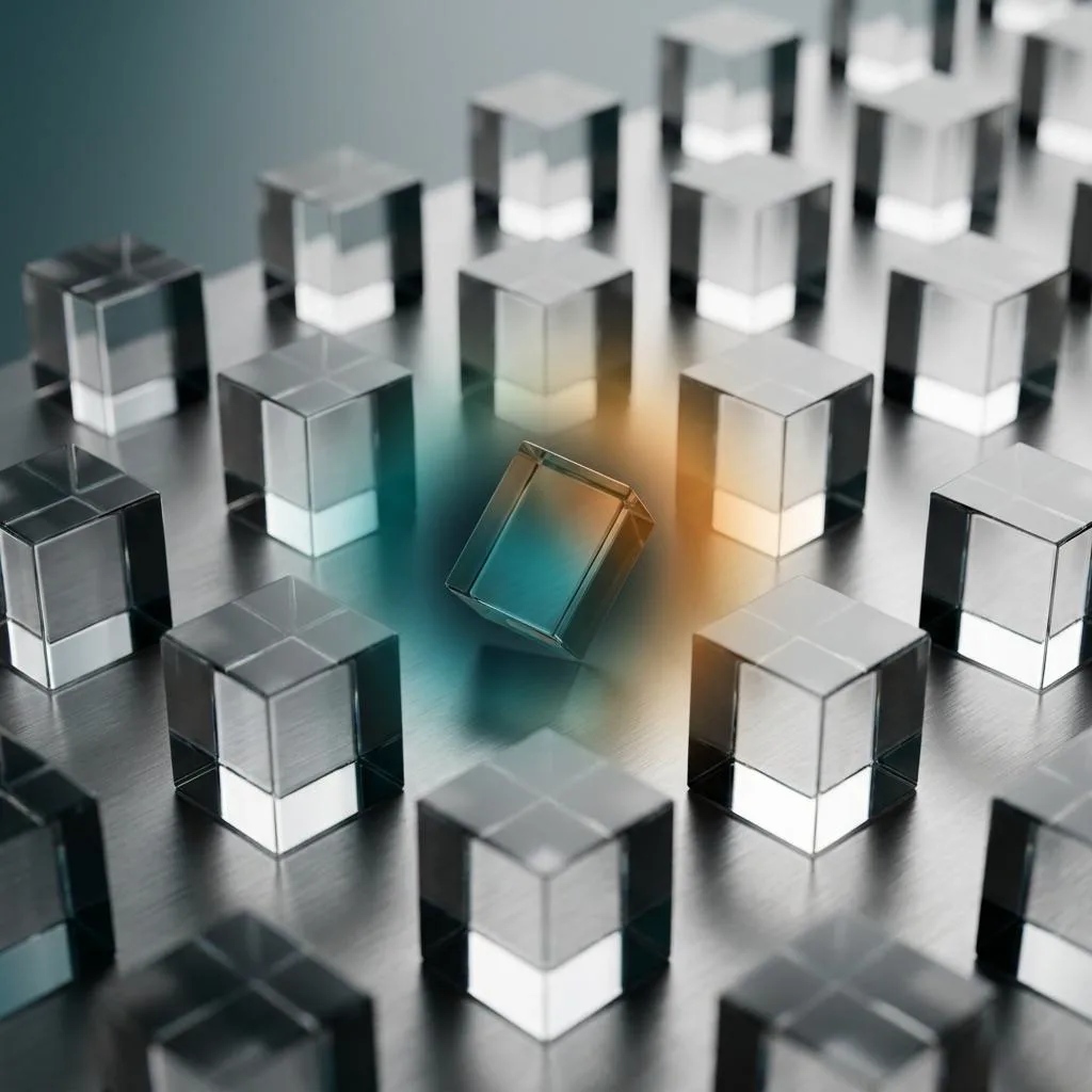 Abstract macro photograph of glass prisms on a titanium surface, where a misaligned element is automatically corrected by a luminous magnetic field, symbolizing a self-healing IT system.