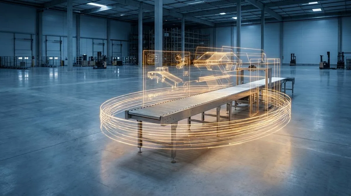 Glowing lines forming a three-dimensional process map above a modern industrial machine, symbolizing a rapid audit conducted by artificial intelligence.