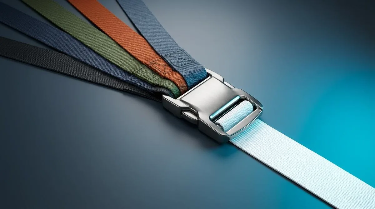 A studio shot of five cargo straps converging diagonally into a single titanium buckle, from which a single white strap emerges, against a graphite-blue background.