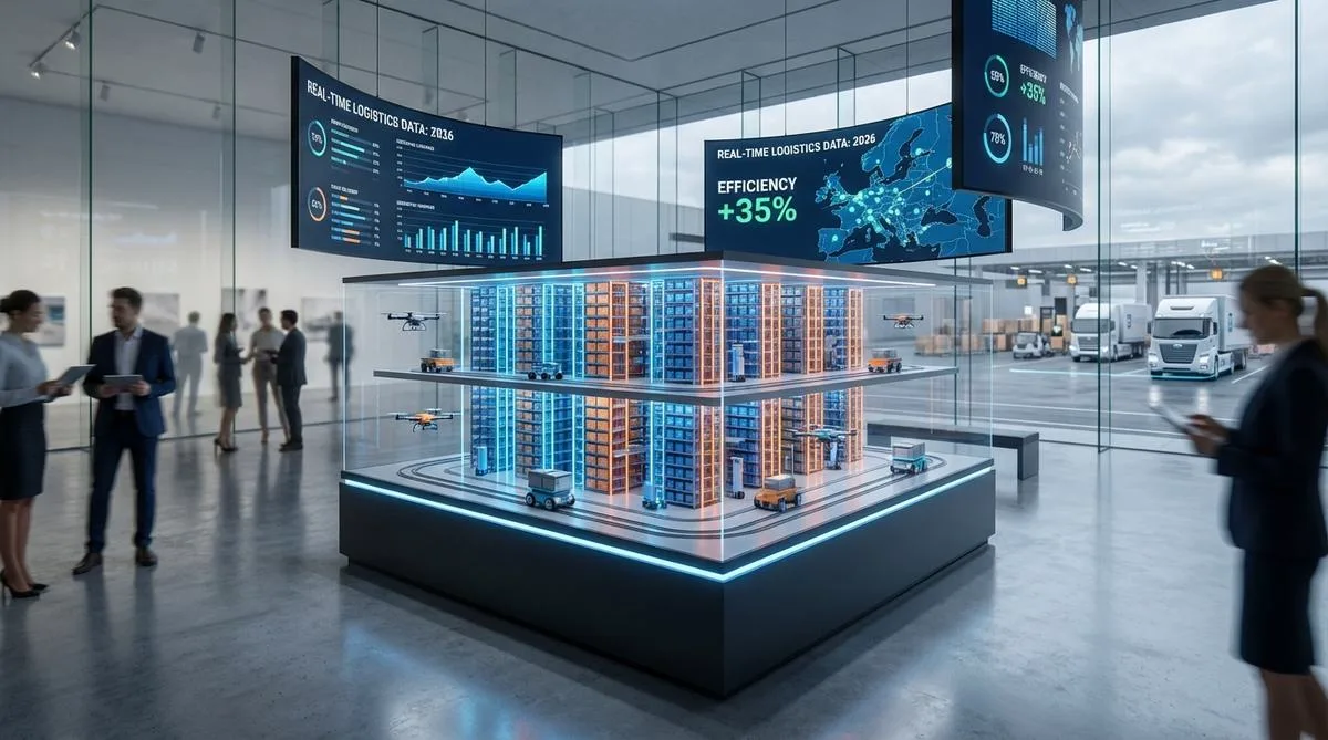 Visualization of a modern automated warehouse in 2026, with a focus on technology and innovation in logistics.