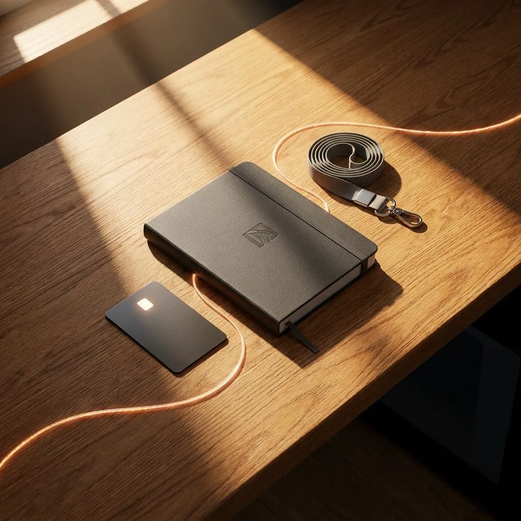 An elegant welcome kit for a new employee arranged on a wooden desk, with a thread of light passing through it symbolizing the automated flow of information in the HR department.