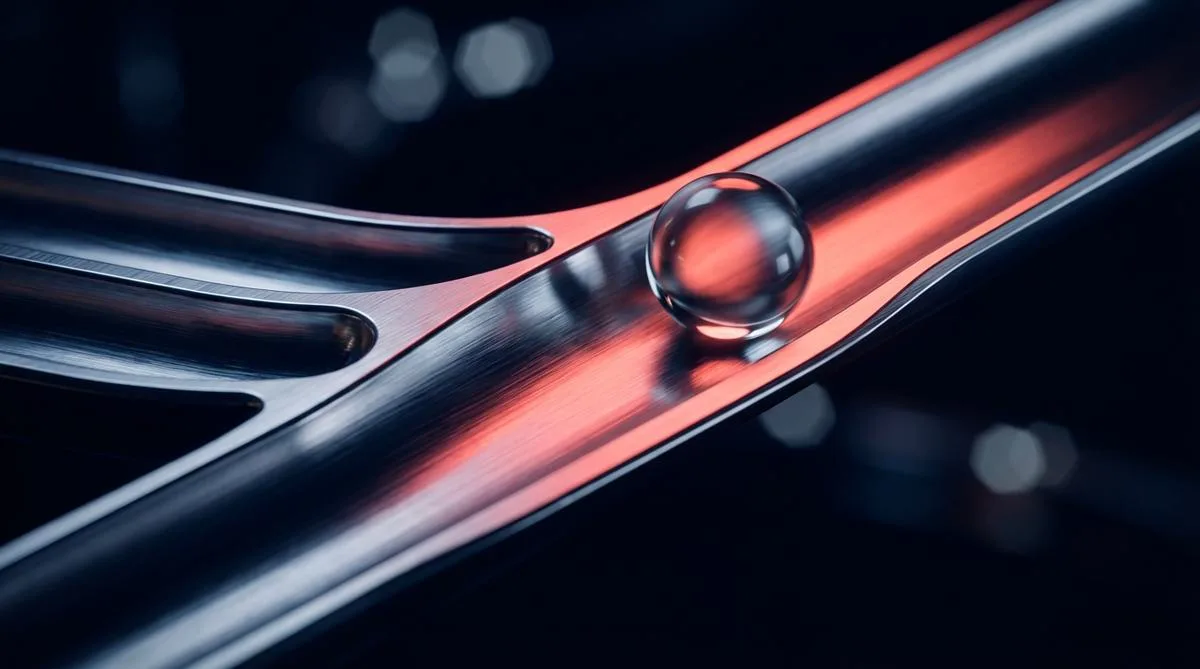 Macro photograph of an elegant titanium mechanism, where three paths flow smoothly into one, illuminated by coral light against a blurred bokeh background.