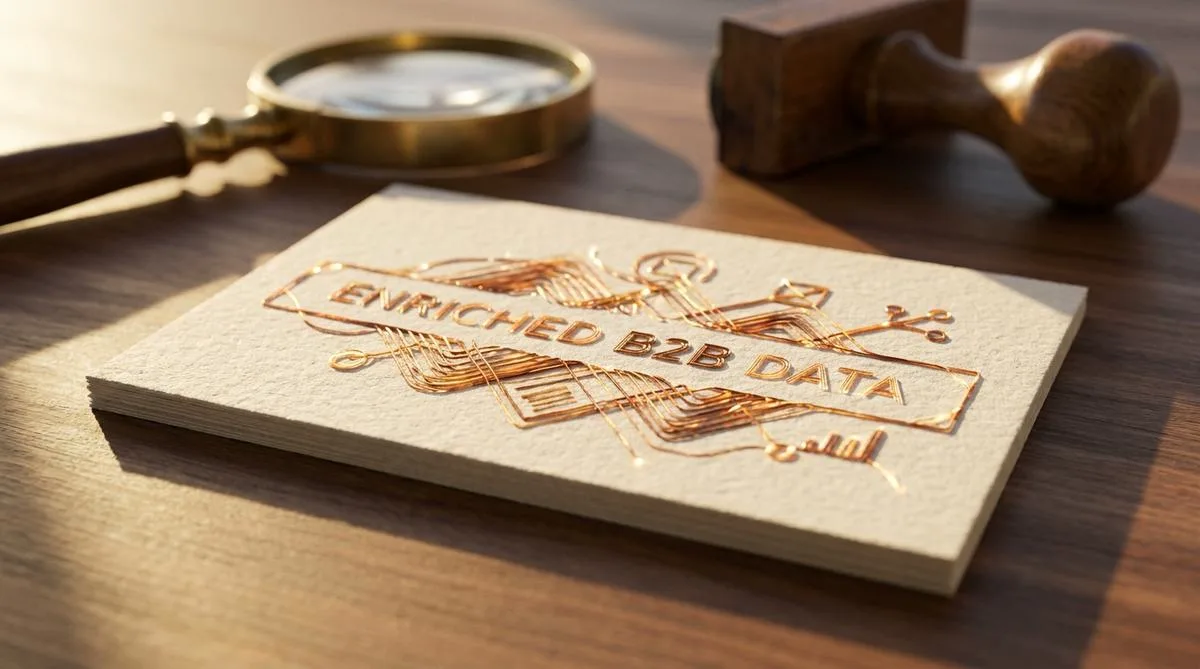 Golden, luminous threads automatically weaving themselves into a paper business card on a wooden desk, beside a discarded magnifying glass, in warm sunlight.