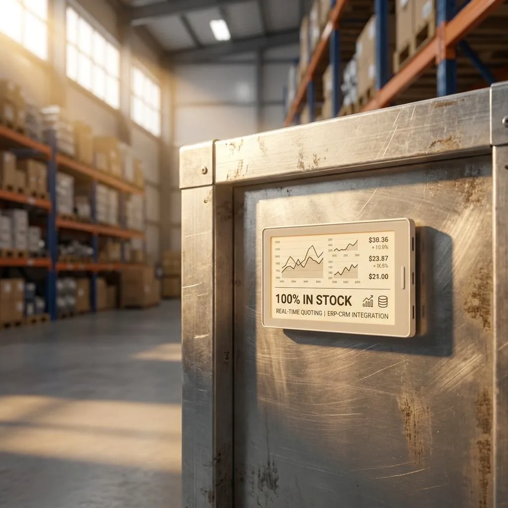 A smart digital label on a crate in a warmly lit warehouse, symbolizing instant quoting and real-time product availability.