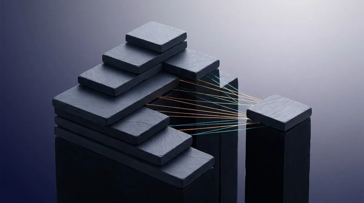 An abstract photographic composition featuring modern architectural blocks connected by precisely stretched cables, symbolizing the automation of content gap analysis and internal linking.