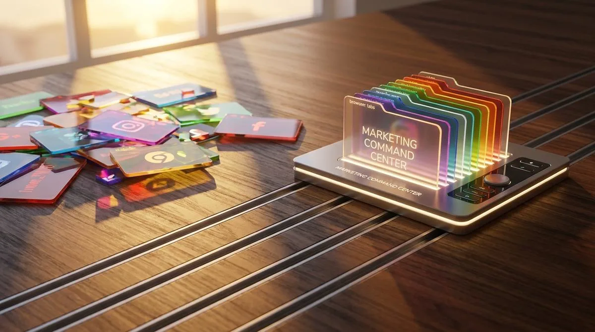 Scattered colorful acrylic cards that, guided by metal rails on a wooden surface, smoothly arrange themselves into an organized, illuminated docking station structure.