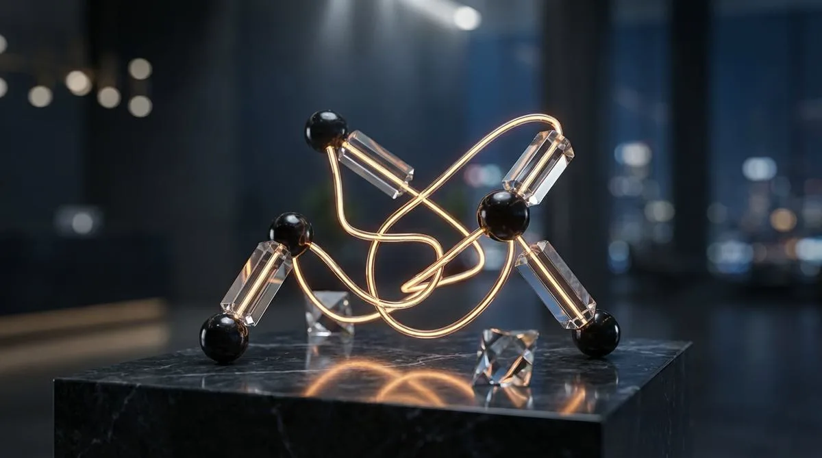 An abstract installation of dark glass connected by dynamic golden threads of light, symbolizing autonomous orchestration and self-healing processes against a blurred bokeh background.