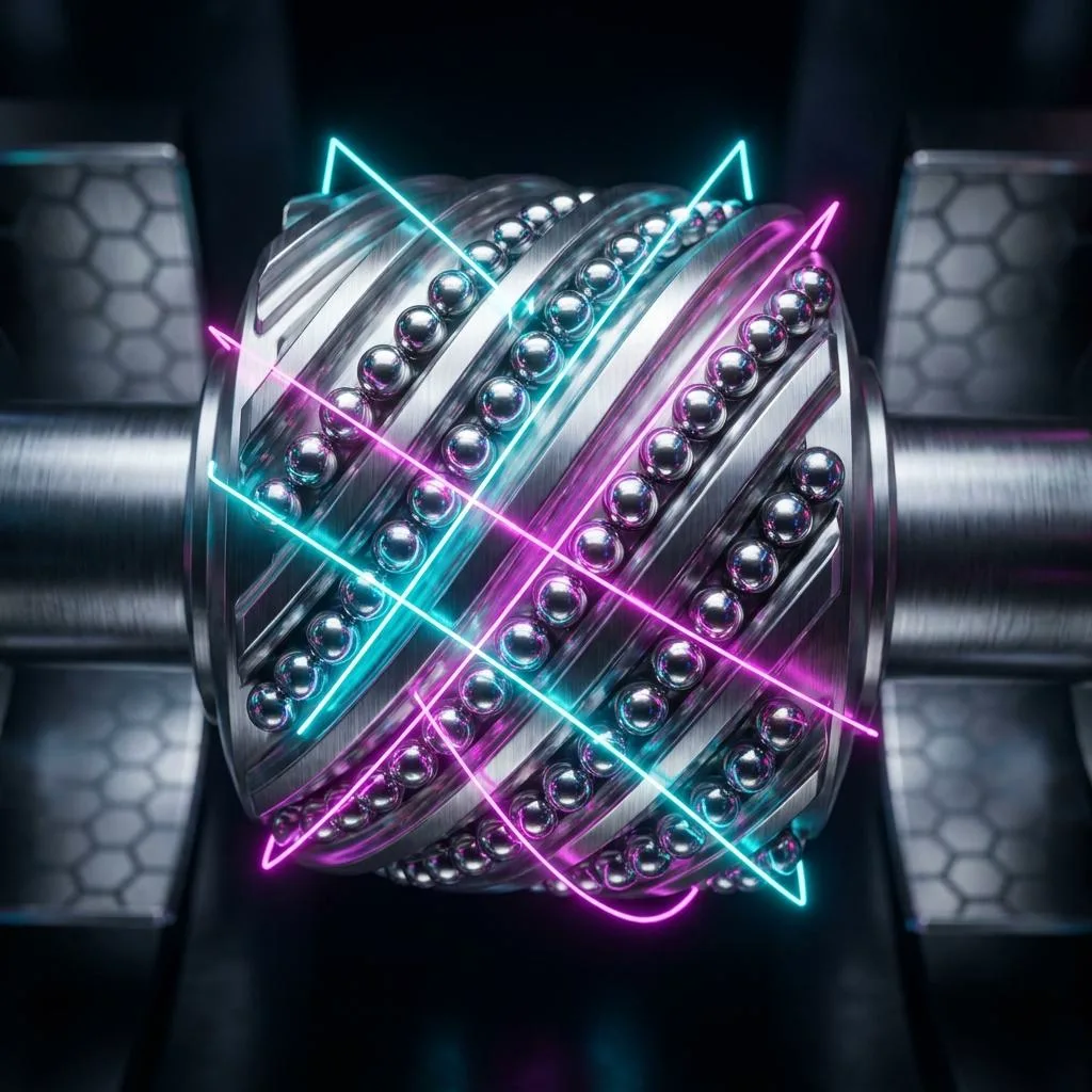 An abstract, symmetrical photographic composition depicting the steel rotor of an industrial cleaning machine, through which geometric lines of light pass, arranging the metallic details in perfect order, symbolizing CRM implementation.