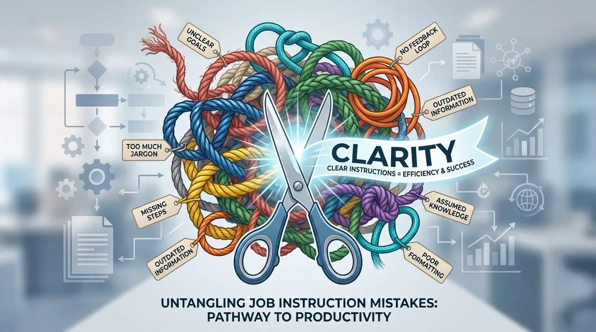 Infographic depicting tangled colorful ropes symbolizing mistakes in creating job instructions, with scissors at the center cutting through the chaos.