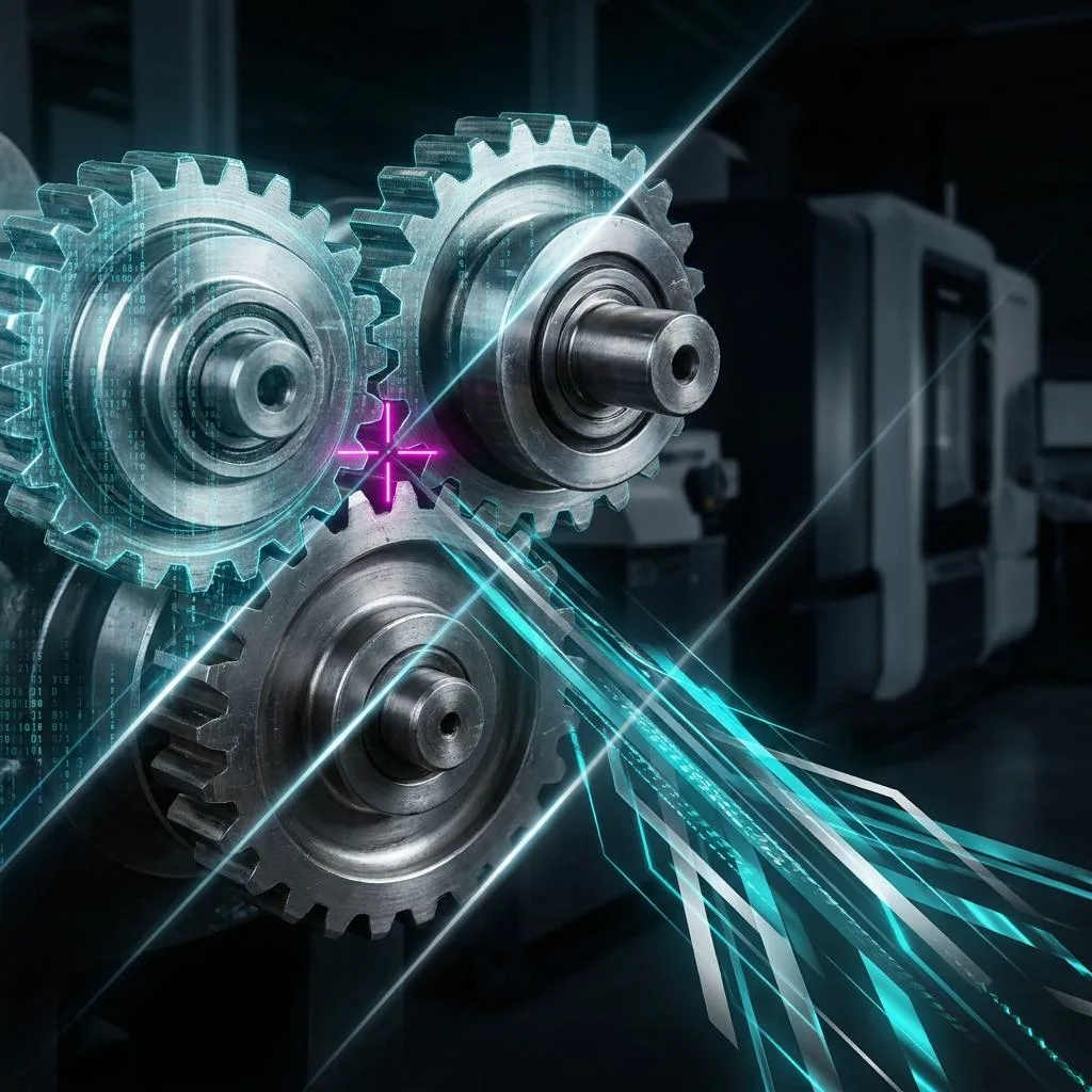Macro photograph of an industrial press mechanism connected to a Digital Twin, where a vivid geometric point of light visualizes a micro-stoppage triggering a cascading bottleneck being analyzed by AI.