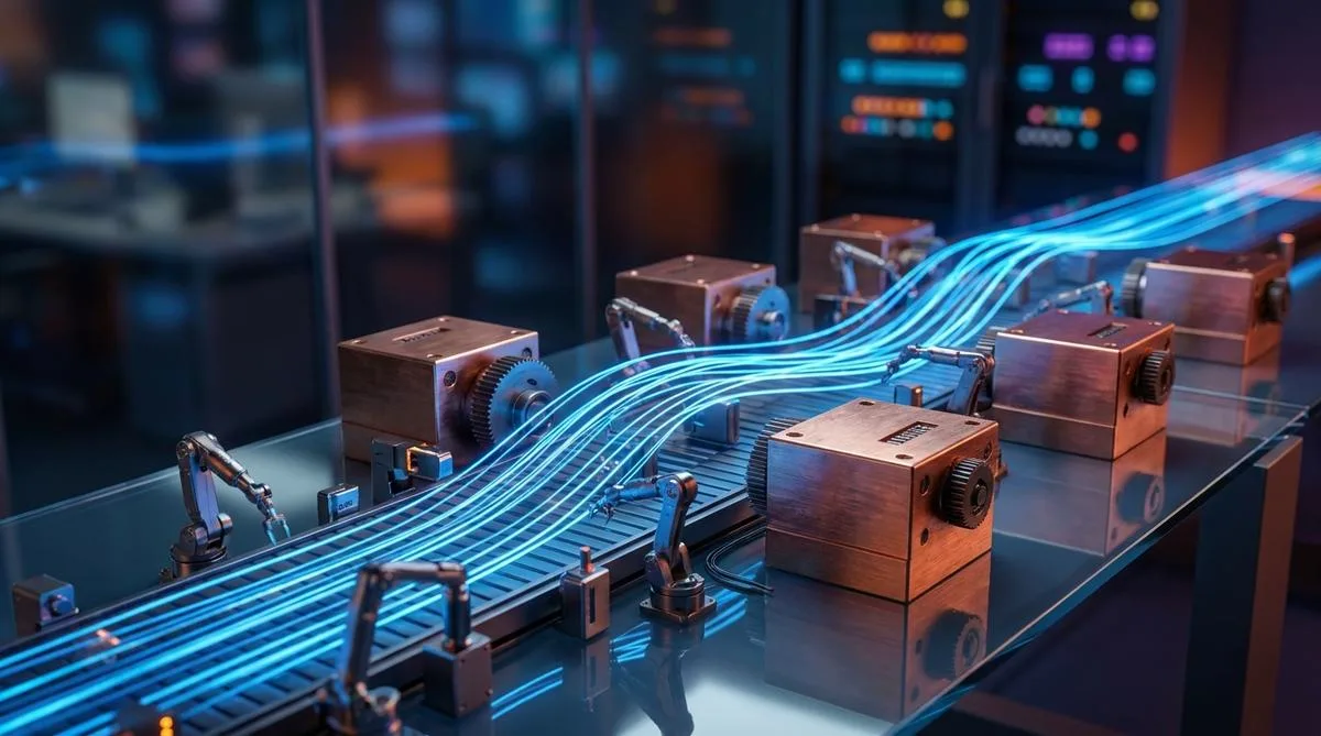 An abstract representation of an automated production line on a glass desk, where fluid digital pathways bypass rigid copper blocks against a blurred, modern office background.