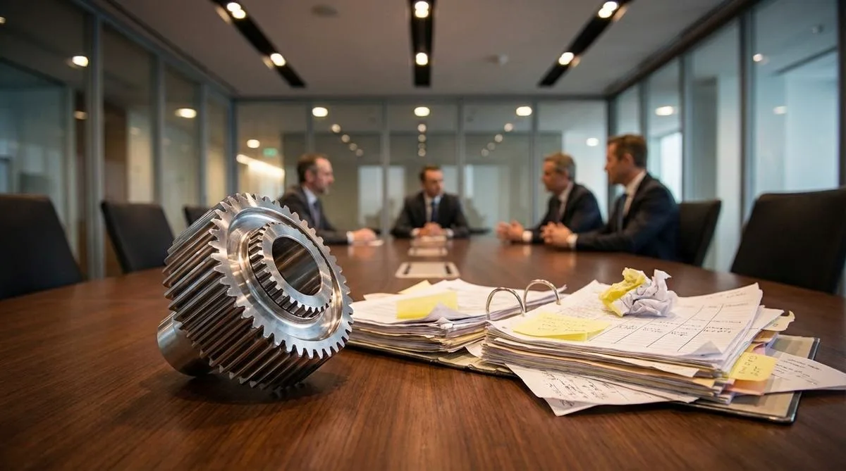 A gleaming machine component lying on a conference table next to a pile of disorganized paper documents, symbolizing the gap between product quality and processes.