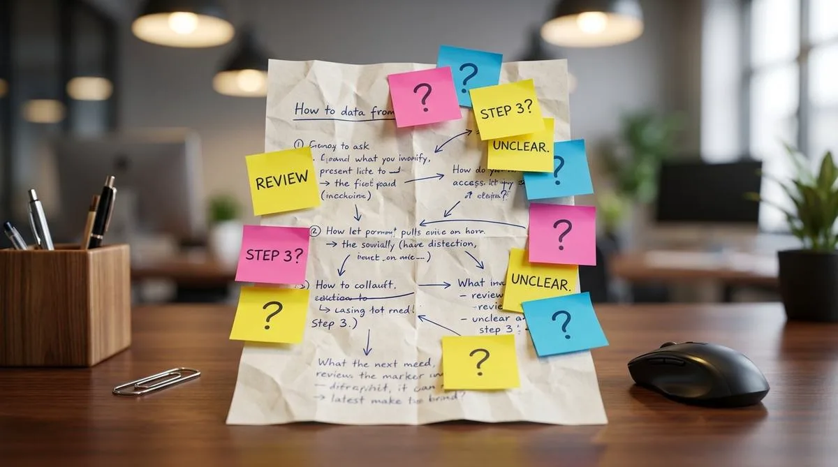 Abstract representation of crumpled paper with colorful sticky notes symbolizing mistakes in job instructions.
