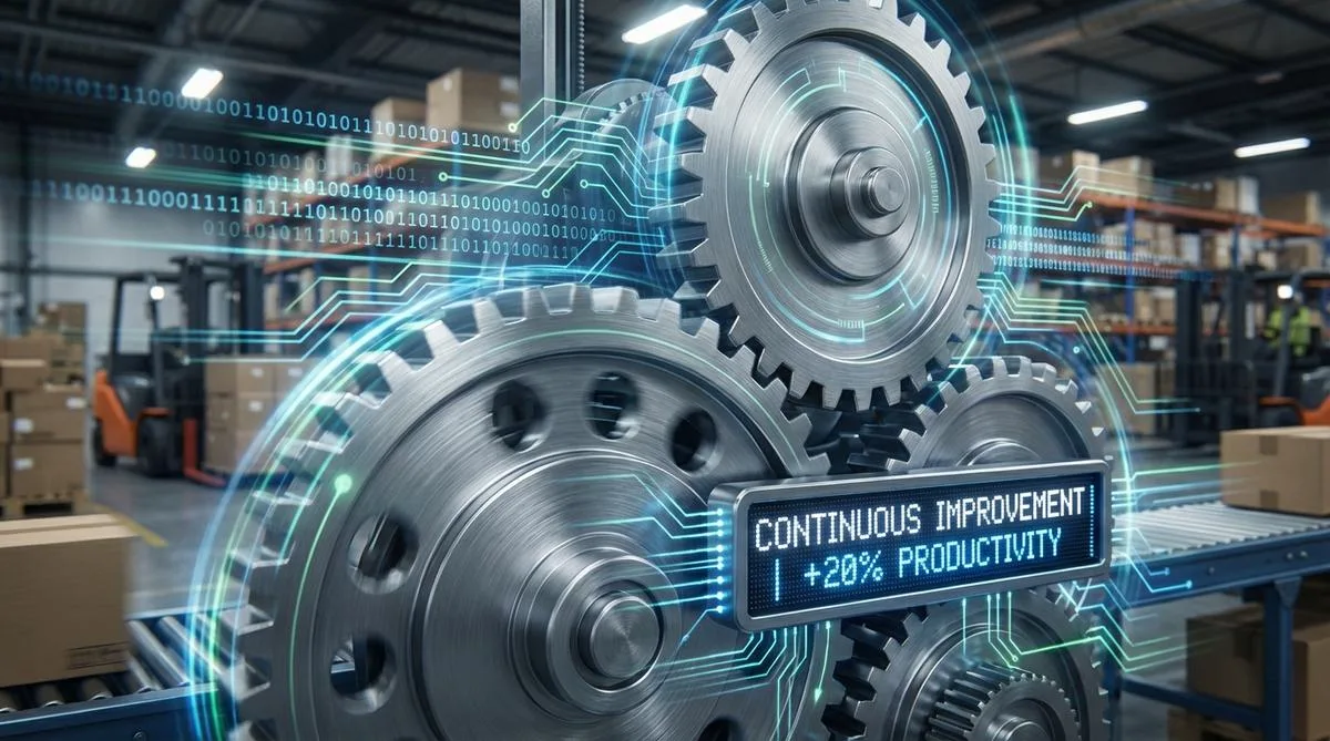 An abstract composition depicting the fusion of mechanics and digitalization as a symbol of continuous process improvement in the warehouse.