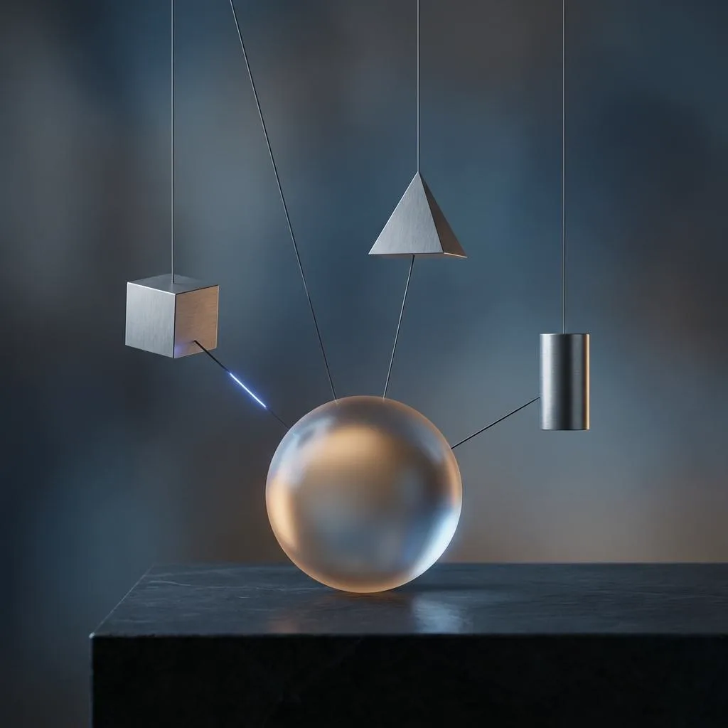 Minimalist photograph: a central glass sphere precisely connected by thin lines to various metallic geometric shapes, symbolizing a data hub in a modular architecture.