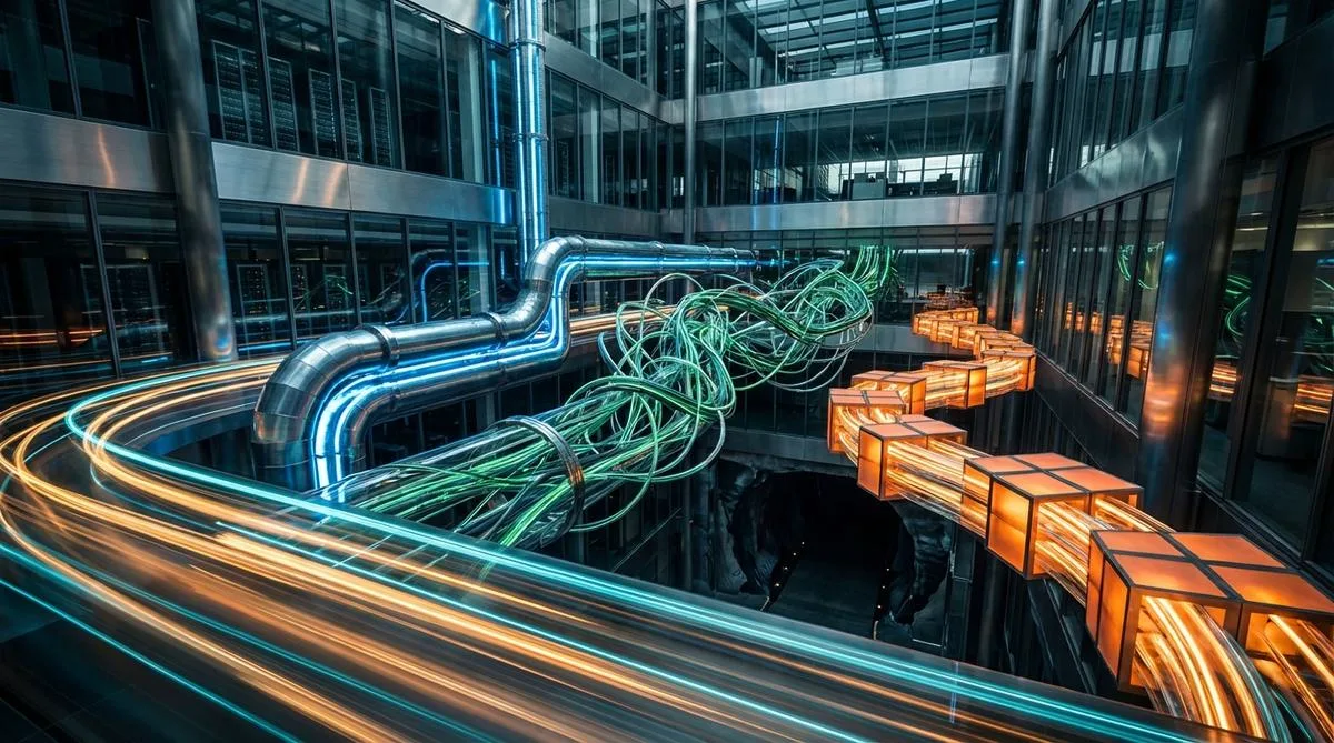 A realistic, abstract photographic composition depicting three distinct luminous technology structures — integrated, complex, and modular — suspended above a dark space symbolizing hidden IT costs, with dynamic light streaks in the foreground.