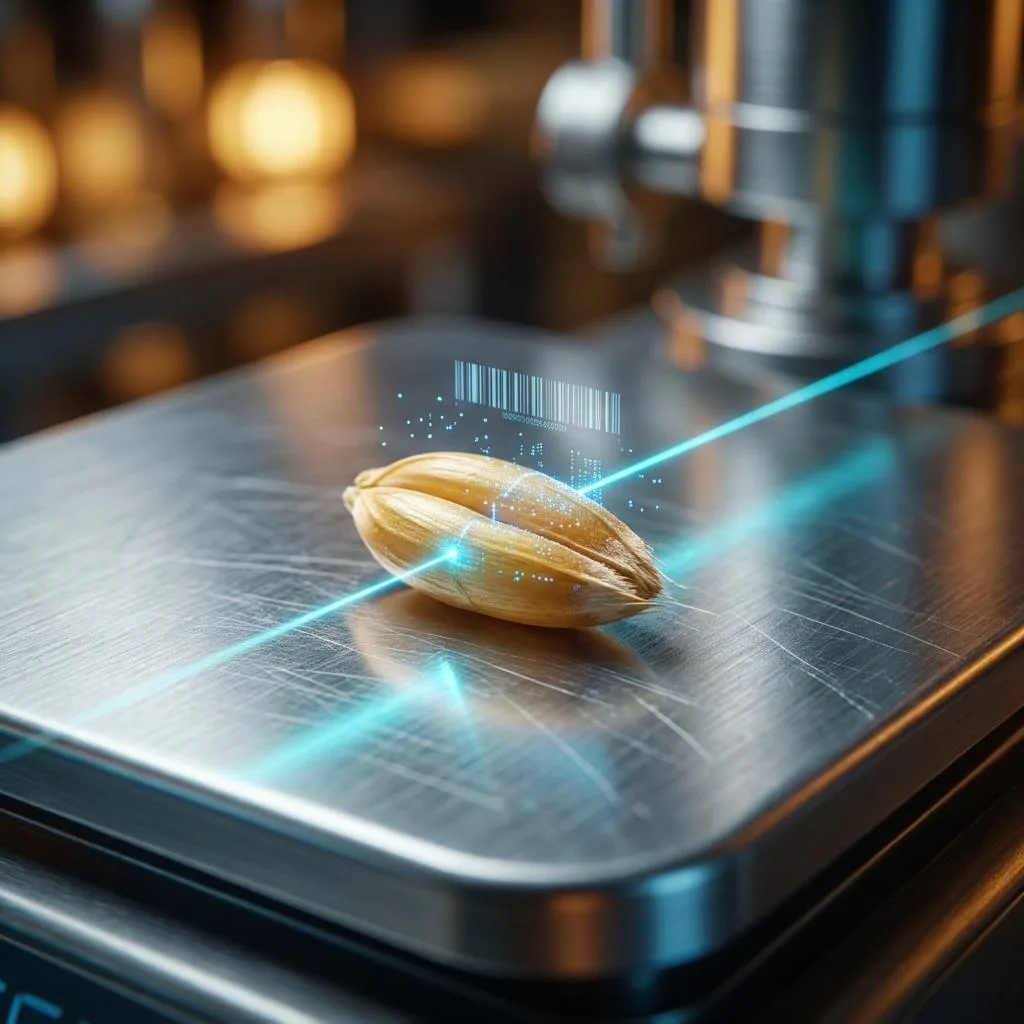 Macro photograph of a single grain being scanned by a digital laser on the steel surface of an industrial scale, symbolizing the automation of quality control.
