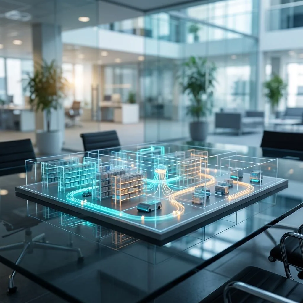 A photorealistic, fiber-optic-illuminated warehouse structure model resting on a glass table in a modern office, symbolizing artificial intelligence managing logistics.