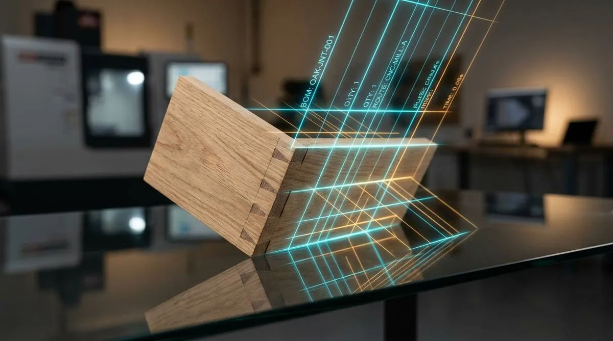Close-up of a wooden furniture component being intersected by luminous digital BOM grid lines on a modern desk, symbolizing lightning-fast production costing.
