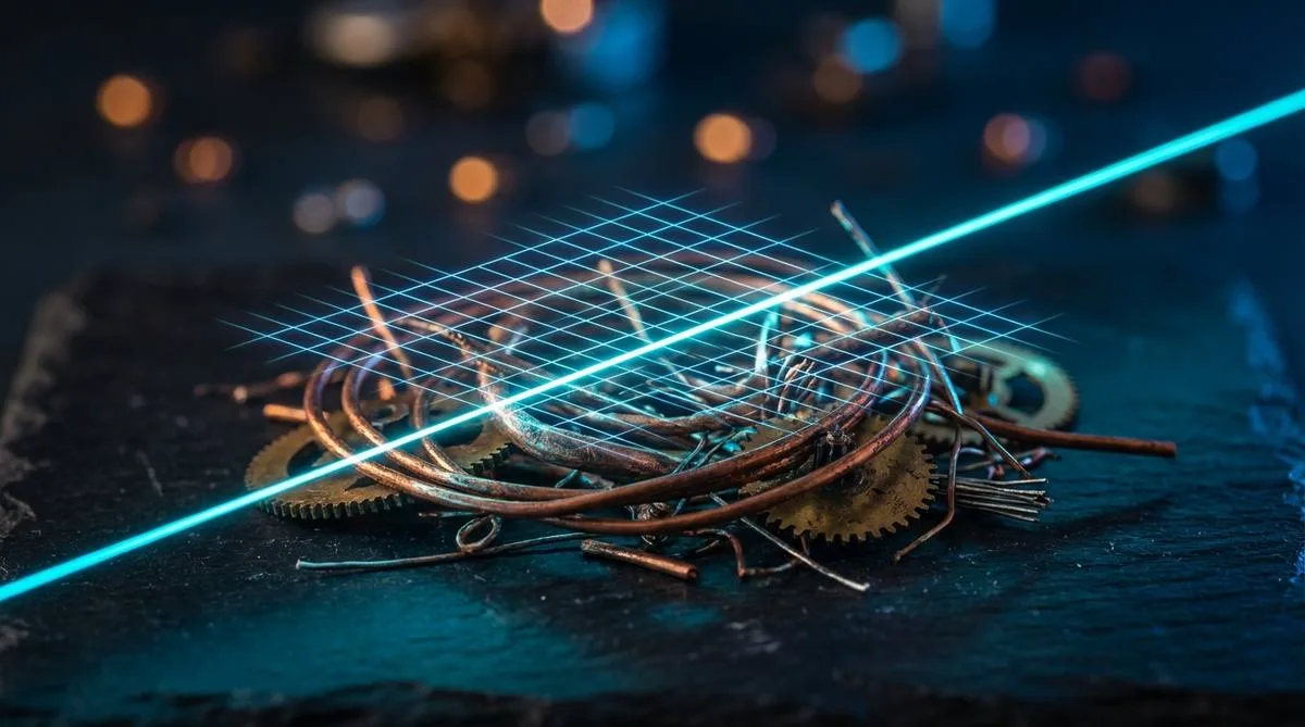 A macro close-up of tangled copper wires being scanned by a precise blue laser beam that arranges them into a digital, ordered grid against an elegant dark background with a bokeh lighting effect.