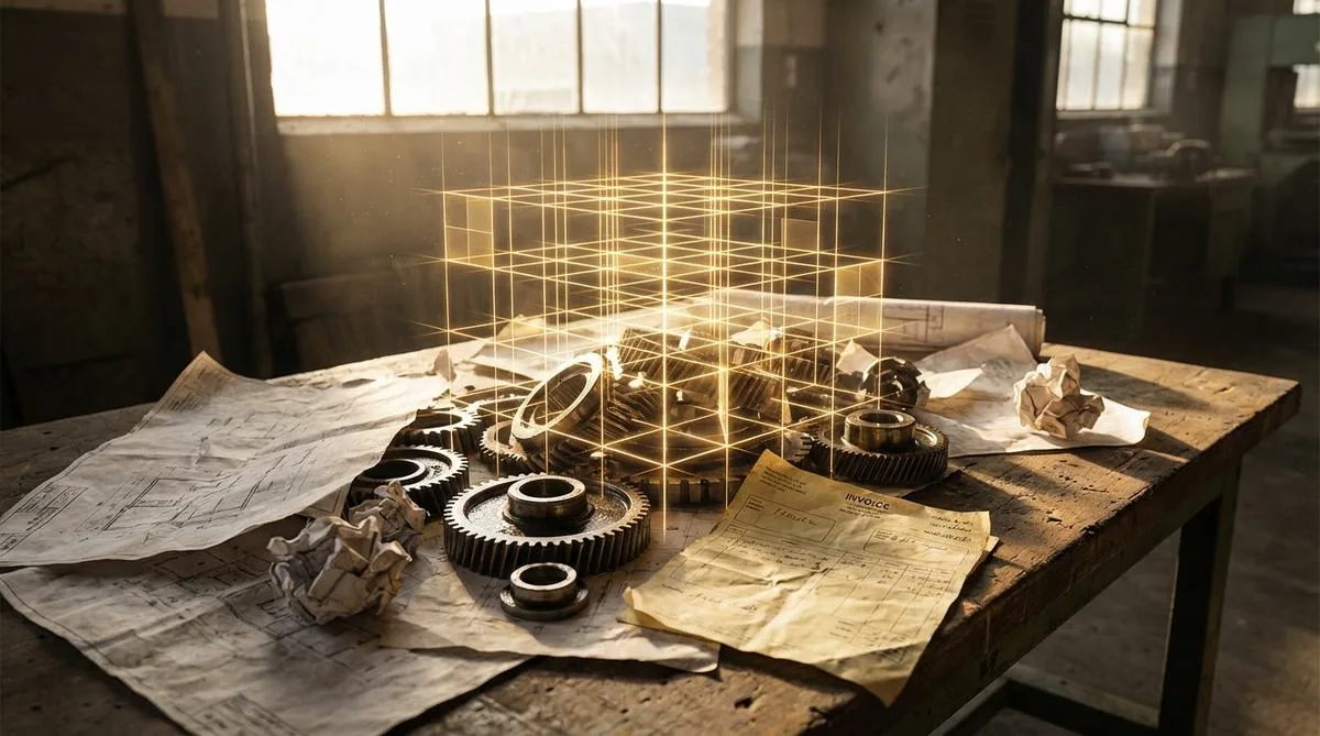 A photographic composition showing the transformation of chaotic production documents and mechanical parts into an organized, luminous digital structure on a workshop table.
