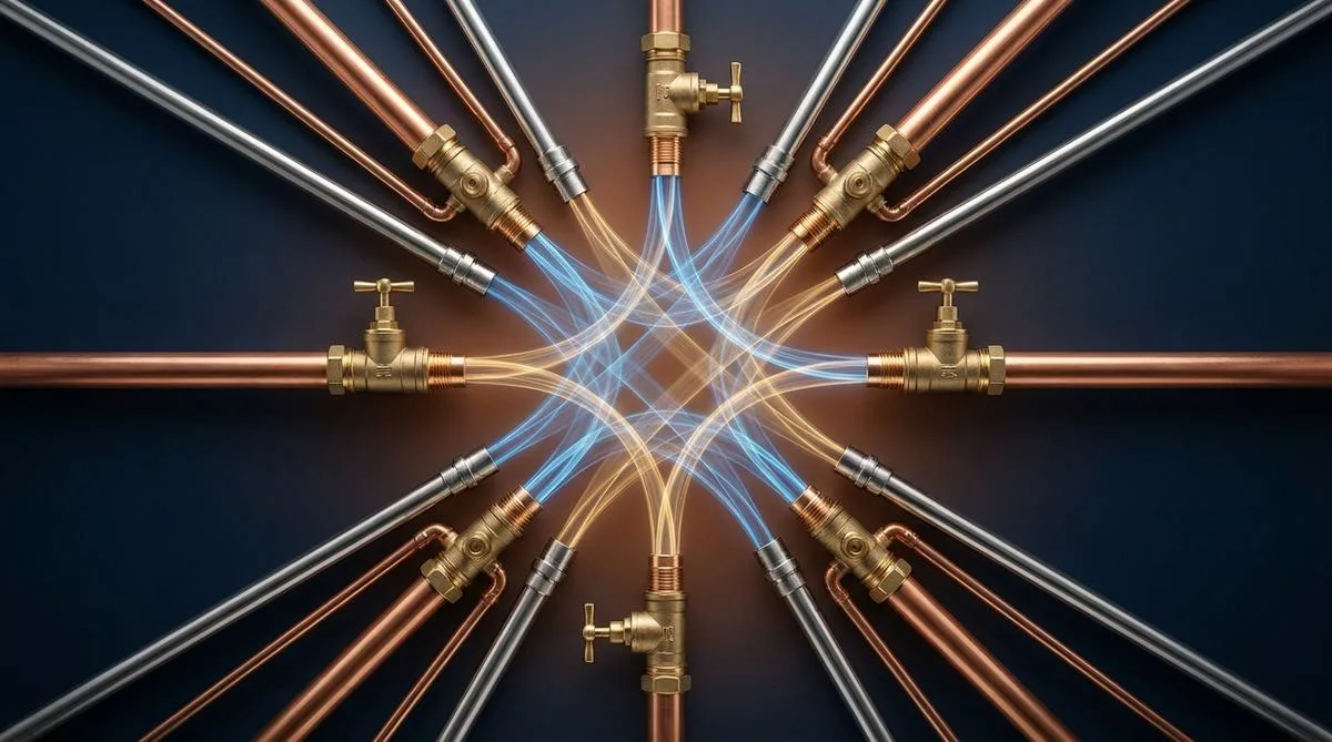 A symmetrical, minimalist composition of copper pipes and steel valves transitioning into digital, luminous lines against a dark navy gradient background, symbolizing procurement digitalization at an installation company.