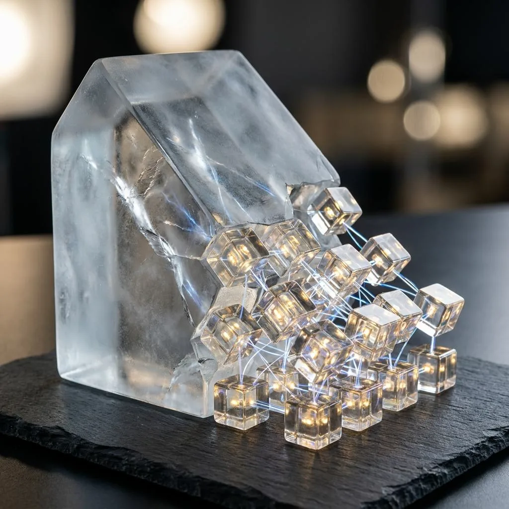 Macro photograph of a large block of glass splitting into smaller, independent cubes connected by rays of light, illustrating the structure of Data Mesh.