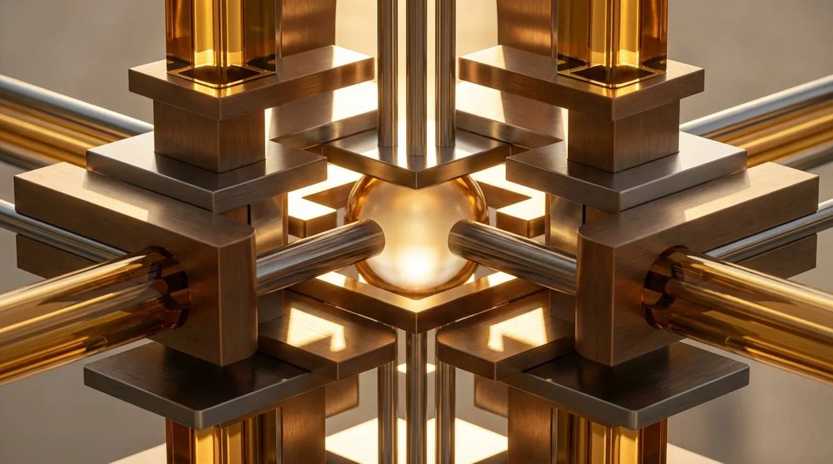 A symmetrical, abstract photographic composition featuring a precise structure of glass and bronze illuminated by warm natural light, symbolizing the digital center of excellence.
