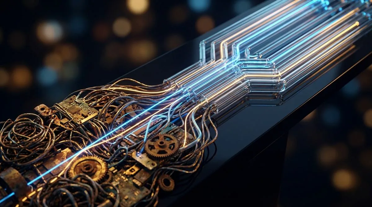 Abstract macro photograph depicting tangled metal elements smoothly transforming into luminous, ordered glass lines, symbolizing the integration of business processes and IT technology.