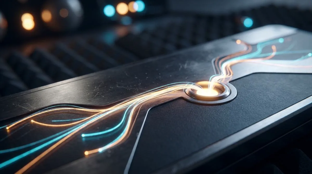 Macro close-up of an elegant dark titanium plate with branching luminous pathways and a bokeh effect, symbolizing a dynamic sales conversation decision tree.