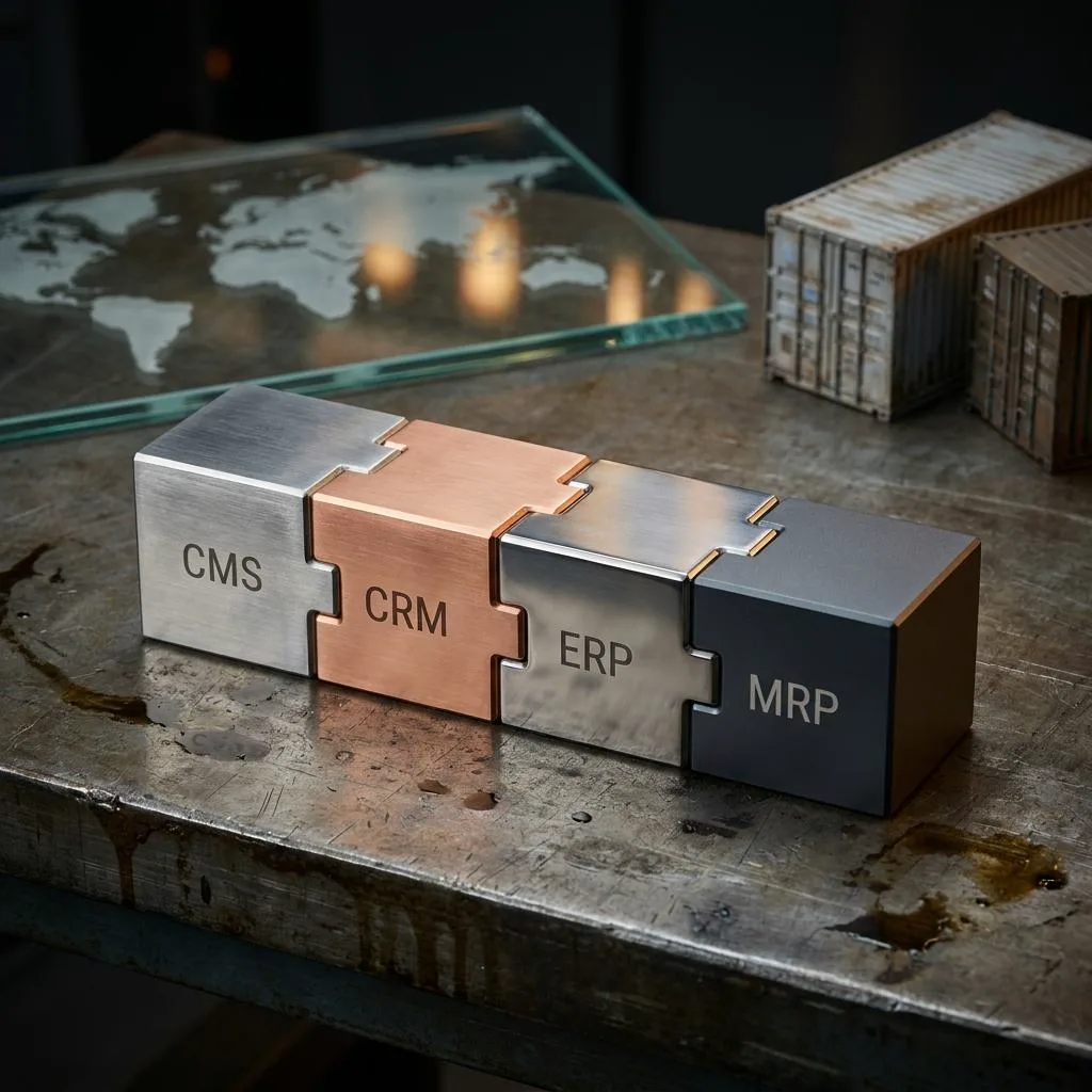 Four perfectly matched metal components against a blurred world map, symbolizing integrated IT systems for industry and export.
