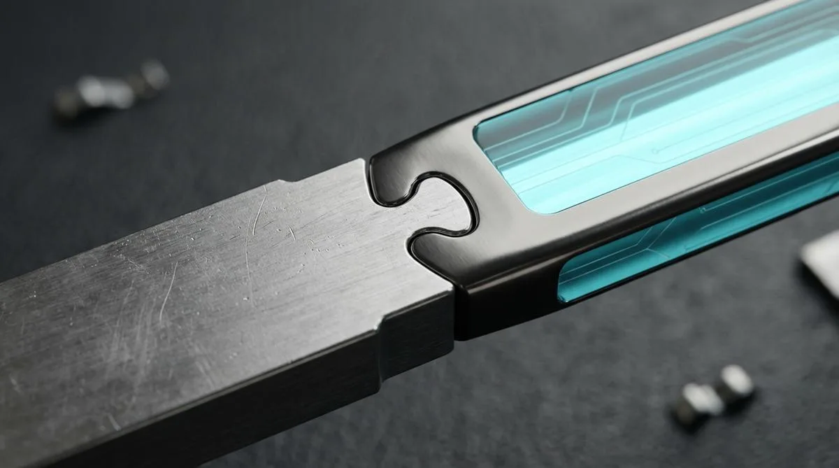 Macro photograph of a precise metallic connector symbolizing the agile bridge between traditional manufacturing and modern AI and Low-Code technology.