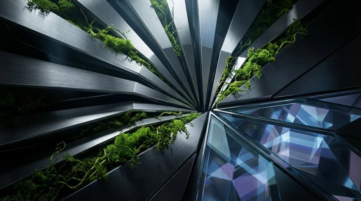 An abstract photographic composition featuring brushed titanium, multidimensional glass, and organic green, symbolizing a new era of sustainable development and technology.